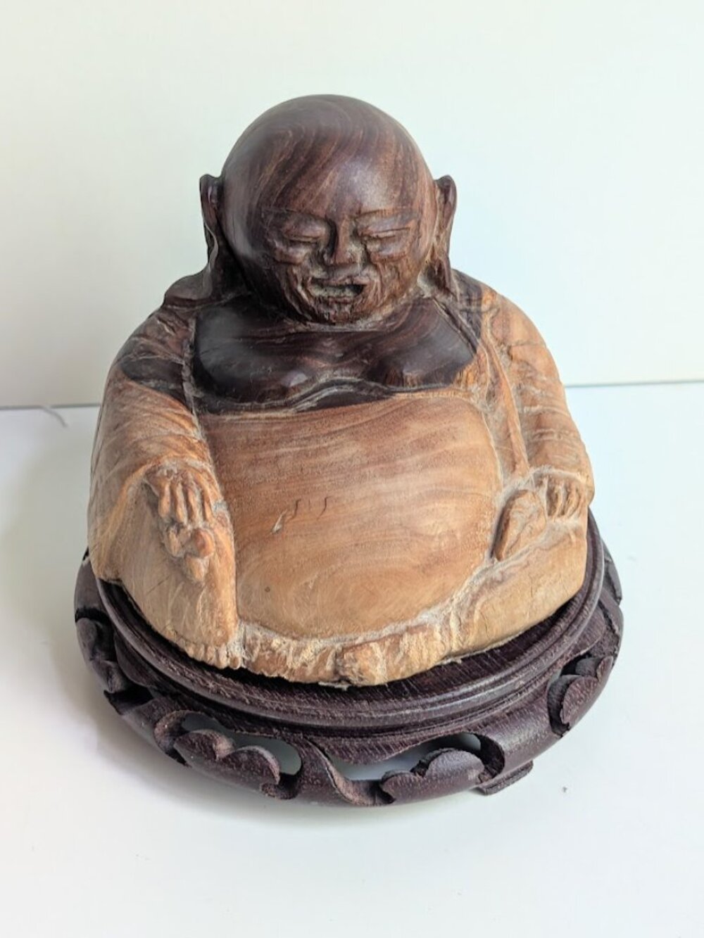 Vintage Wood Hand Carved Sitting Happy Buddha Statue 4.5" tall